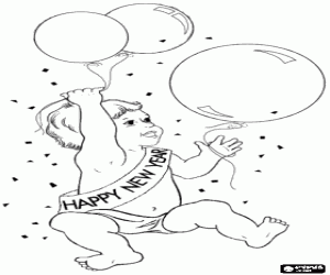 Pintar L'Any Nou retratat com un nad� feli� i amb una faixa i globus