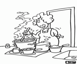 Pintar La mare cuinant, cuinera fent el menjar a la cuina