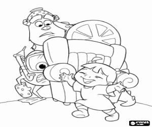 Pintar La nena �s feli� en el m�n dels monstres, Sulley i Mike mirant-la, sense saber qu� fer
