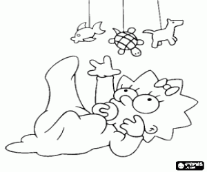 Pintar La petita Maggie jugant amb una joguina amb animals suspesos: un peix, una tortuga i un gos