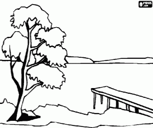 Pintar Les aig�es tranquil�les d'un llac amb un moll i un arbre en primer pla