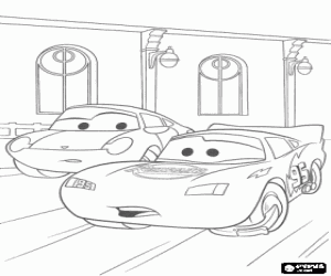 Pintar LLamp McQueen fent una passejada a Radiator Springs amb la seva amiga Sally Carrera