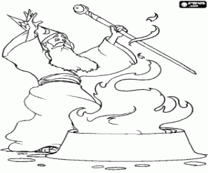 Pintar Mag o bruixot amb el foc m�gic, amb la vareta m�gica i amb el barret en forma de cucurutxo o con