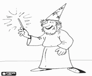 Pintar Mag o bruixot somrient amb la vareta m�gica i amb el barret en forma de cucurutxo o con