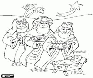 Pintar Melcior, Gaspar i Baltasar oferint els seus regals davant el Nen Jes�s sota la llum de l'estrella de Nadal