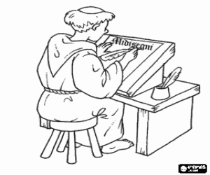 Pintar Monjo copista treballant amb un c�lam de ploma i la tinta sobre un pergam� o paper en el scriptorium