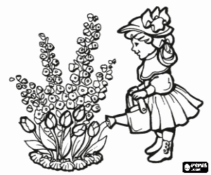 Pintar Nena amb barret regant les flors amb una regadora