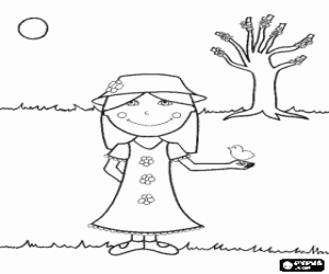 Pintar Nena amb un vestit primaveral amb un ocellet a la m� i un arbre brollant en el fons