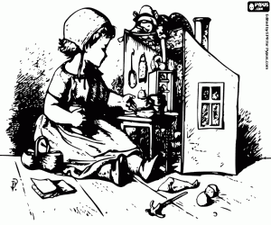 Pintar Nena jugant amb una nina i una caseta de nines amb mobles