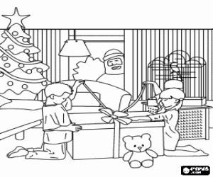 Pintar Nens obrint un gran regal de Nadal sota la mirada del Pare Noel