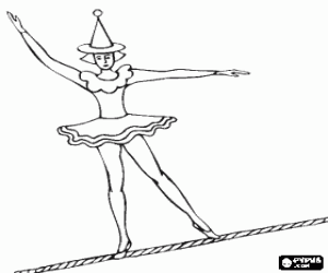 Pintar Noia funambulista amb vestit de ballarina i amb barret de cucurutxo caminant sobre la corda