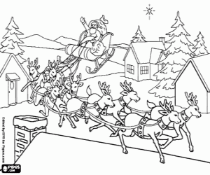 Pintar Paisatge d'un poble en la nit de Nadal amb el Pare Noel en el seu trineu i els seus rens m�gics volant sobre les teulades de les cases