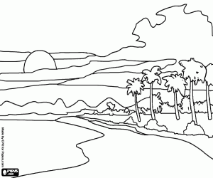 Pintar Paisatge d'una illa tropical amb palmeres i muntanyes amb n�vols al fons
