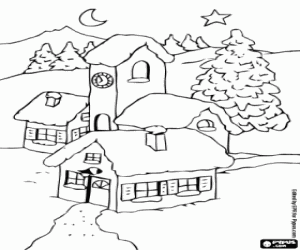 Pintar Paisatge de petit poble de muntanya amb la lluna i l'estrella de Nadal