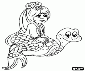 Pintar Petita sirena o sireneta muntant sobre una tortuga marina