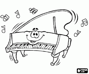 Pintar Piano de cua fent m�sica amb la tapa aixecada, amb una cara feli�