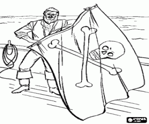 Pintar Pirata barbut a bord del vaixell preparat per a hissar la bandera amb la calavera