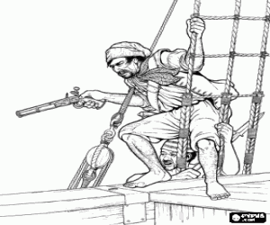 Pintar Pirates amb les armes i preparats per l'atac i abordatge d'un vaixell