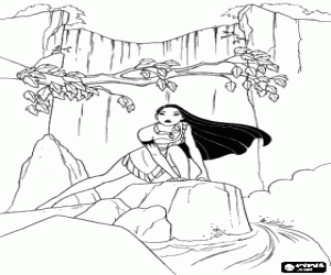 Pintar Pocahontas, la filla del cap Powhatan, que s'enamora del capit� John Smith, a les cascades