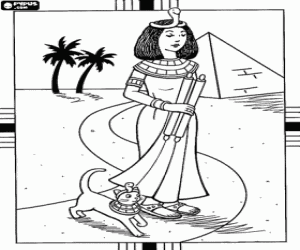 Pintar Prop d'una pir�mide i unes palmeres Cleopatra passejant juntament amb la seva gata, representaci� de la deessa Bastet, amb els seus respectius tocats en forma de serp o escur��