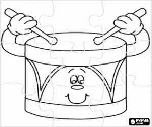 Pintar Puzle d'un tambor, animat i amb cara, colpejat amb un parell de baquetes