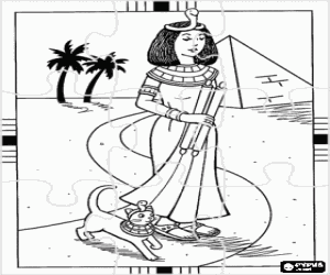 Pintar Puzle de Antic Egipte - Prop d'una pir�mide i unes palmeres Cleopatra passejant juntament amb la seva gata, representaci� de la deessa Bastet, amb els seus respectius tocats en forma de serp o escur��