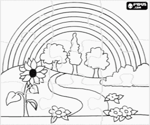 Pintar Puzle de paisatge a la primavera amb flors, arbres i el arc de Sant Mart�