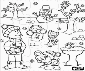 Pintar Puzle de Paisatge hivernal amb nen, gos i ninot de neu, tots ben abrigats