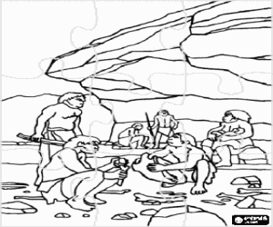 Pintar Puzle de Prehist�ria - Grup d'homes de Neanderthal sota la protecci� d'un abric roc�s, els individus realitzant diferents activitats: uns tallado pedres, altres preparant la ca�a i una dona alletant