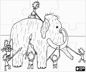 Pintar Puzle de Prehist�ria - Grup d'homes prehist�rics armats amb llances a la cacera d'un mamut
