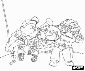 Pintar  Russell tocant la trompeta al costat de Carl i Dug en una de les seves aventures