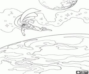 Pintar Superman volant per l'espai exterior amb dos planetes a la llunyania