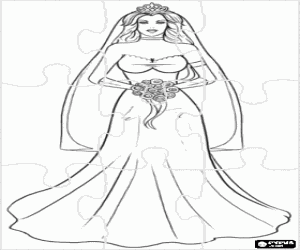 Pintar Trencaclosques de La n�via en el dia del casament amb el vestit llarg, el vel amb la diadema i el ram de flors