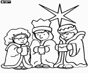 Pintar Tres nens disfressats com els tres Reis Mags d'Orient amb l'estrella de Betlem