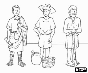 Pintar Tres representants de la societat romana: el patrici (l'aristocr�cia de propietaris), el plebeu (el poble) i l'esclau (la majoria presoners de guerra)