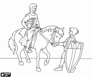 Pintar Un cavaller amb el seu cavall i el seu escuder amb l'escut