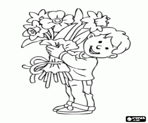 Pintar Un nen amb un regal per a la seva mare, un gran ram de flors