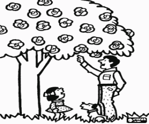 Pintar Un pare amb el seu gos ensenyant a la seva filla les flors d'un arbre florit a la primavera