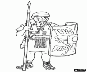 Pintar Un soldat rom�, un legionari armat amb el pilum (la llan�a), l'espasa, el casc, l'armadura i l'escut