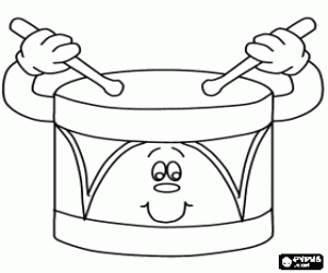 Pintar Un tambor, animat i amb cara, colpejat amb un parell de baquetes