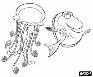 Pintar Una medusa o grumer amb els seus tentacles i un peix al mar