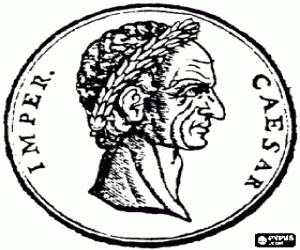 Pintar Una moneda de plata de l'antiga Roma, un denari amb la cara de Juli C�sar o Iulius Caesar lluint una corona de llorer