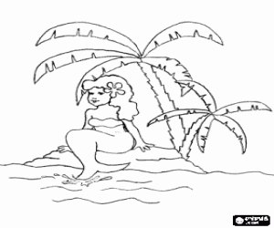 Pintar Una preciosa sirena a la vora d'una petita illa amb palmeres