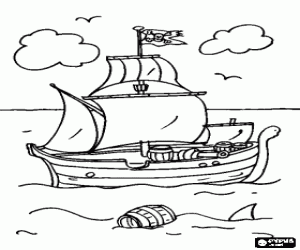 Pintar Vaixell pirata navegant a alta mar amb un taur� al voltant