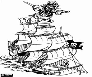 Pintar Vaixell pirata navegant a tota vela amb el capit� en el lloc d'observaci� o guaita  