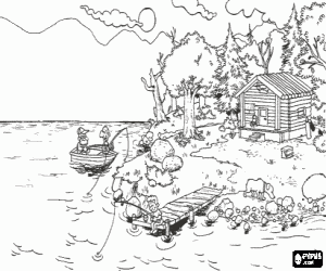 Pintar Vista de la riba d'un llac amb un moll, una cabana i uns pescadors