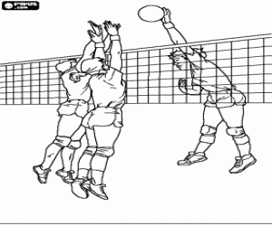 Pintar Voleibol o v�lei - Jugadora rematant la pilota davant l'intent de bloqueig de l'equip contrari