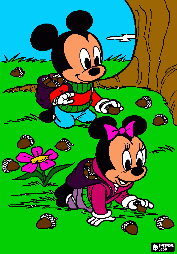 pinta el mikey i la minie agafant castanyes