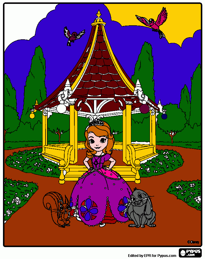 pinta la princesa sofia en su jardin con sus animales preferidos