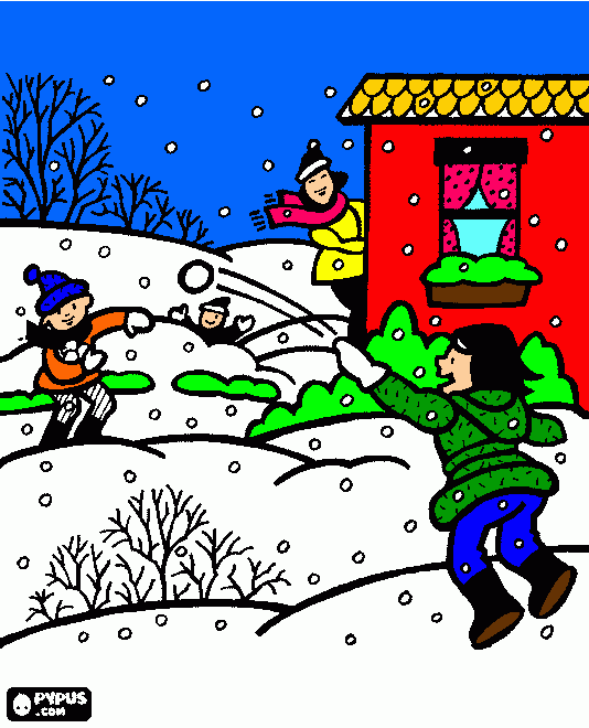 pinta personas haciendo  una guerra de nieve